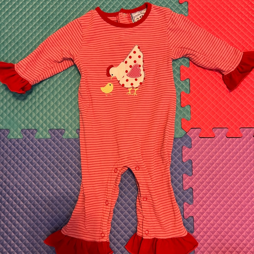 Charming Pink Striped Kids Footie with Chicken Appliqué